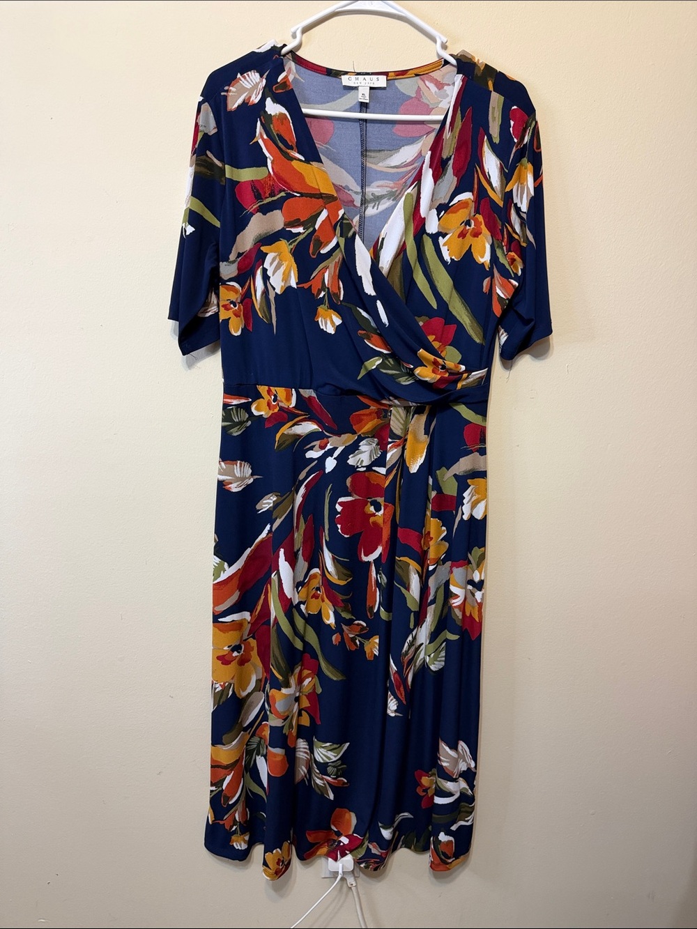 Chaus Navy Floral Wrap-Style Midi Dress with Multicolor Blooms